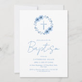 Dusty Blue Floral Cross Minimalistische doop Kaart (Voorkant)