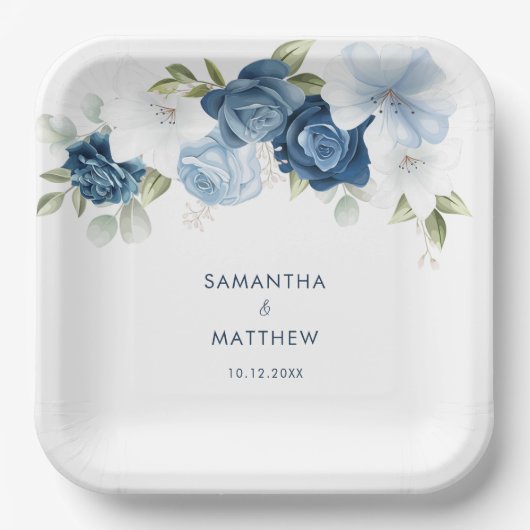 Dusty Blue Floral Custom Wedding Papieren Bordje (Voorkant)