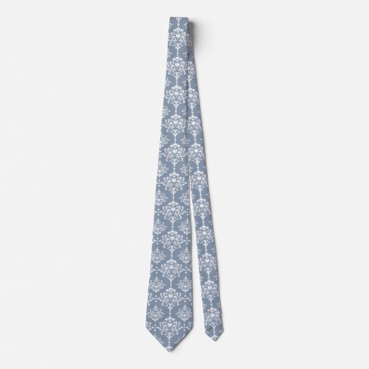 Dusty Blue Floral Damask Pattern Groomsmen Wedding Stropdas (Voorkant)