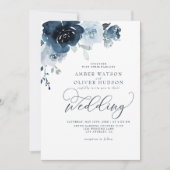 Dusty Blue Floral Dark Navy Pastel Boho Wedding Kaart (Voorkant)