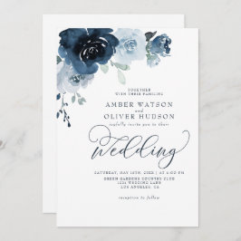 Dusty Blue Floral Dark Navy Pastel Boho Wedding Kaart