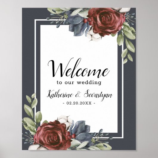 Dusty Blue Floral Dark Welcome Weddenschap Poster (Voorkant)