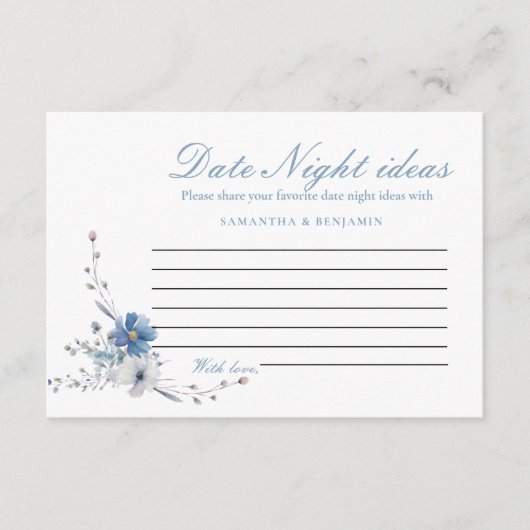 Dusty Blue Floral Date Night Ideas Vrijgezellenfee Informatiekaartje (Voorkant)