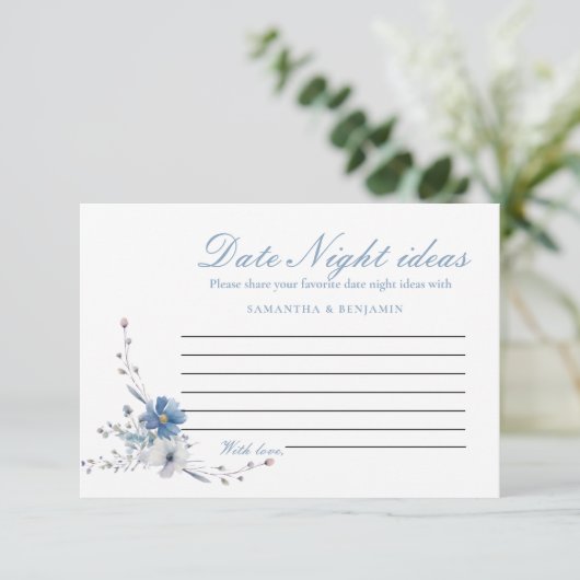 Dusty Blue Floral Date Night Ideas Vrijgezellenfee Informatiekaartje (Staand voorkant)
