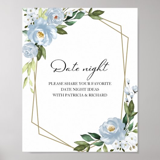 Dusty Blue Floral Date Night Jar Sign Poster (Voorkant)
