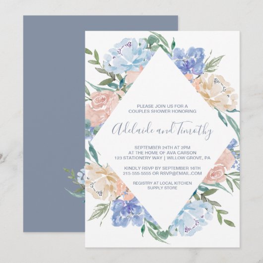 Dusty Blue Floral Diamond Couples Kaart (Voorkant / Achterkant)