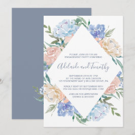 Dusty Blue Floral Diamond Engagement Party Kaart