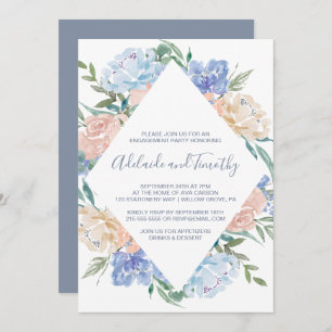 Dusty Blue Floral Diamond Engagement Party Kaart