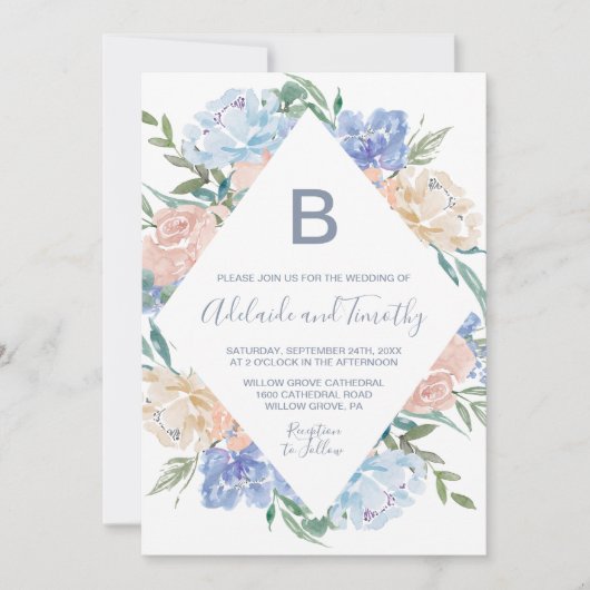 Dusty Blue Floral Diamond Monogram het huwelijk va Kaart (Voorkant)
