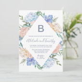 Dusty Blue Floral Diamond Monogram het huwelijk va Kaart (Staand voorkant)