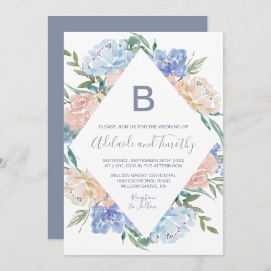 Dusty Blue Floral Diamond Monogram het huwelijk va Kaart (Voorkant / Achterkant)