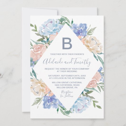 Dusty Blue Floral Diamond Monogram Wedding Kaart (Voorkant)