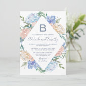 Dusty Blue Floral Diamond Monogram Wedding Kaart (Staand voorkant)
