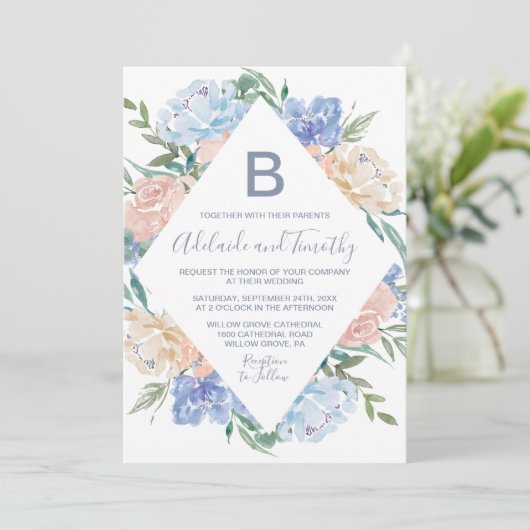 Dusty Blue Floral Diamond Monogram Wedding Kaart (Staand voorkant)