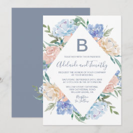 Dusty Blue Floral Diamond Monogram Wedding Kaart