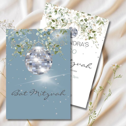 Dusty Blue Floral Disco Ball Bat Mitzvah Kaart