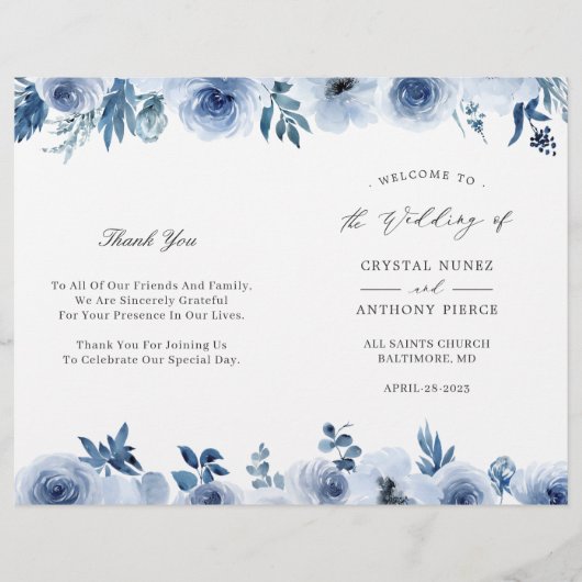 Dusty Blue Floral DIY Folded Wedding Programme (Voorkant)