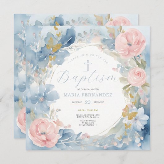 Dusty Blue Floral doop uitnodiging (Voorkant / Achterkant)