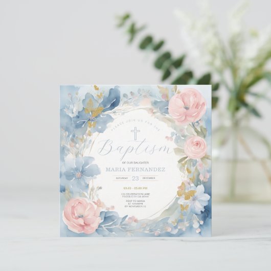 Dusty Blue Floral doop uitnodiging (Staand voorkant)