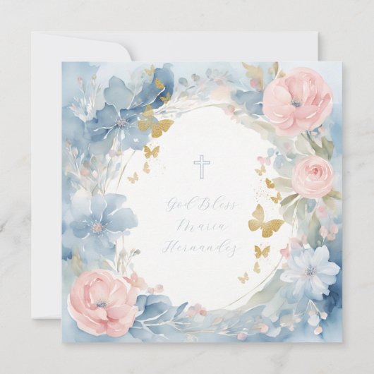 Dusty Blue Floral doop uitnodiging (Achterkant)