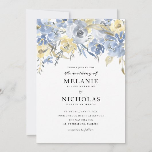 Dusty Blue Floral Drop Wedding Invitation Kaart (Voorkant)