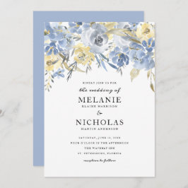 Dusty Blue Floral Drop Wedding Invitation Kaart
