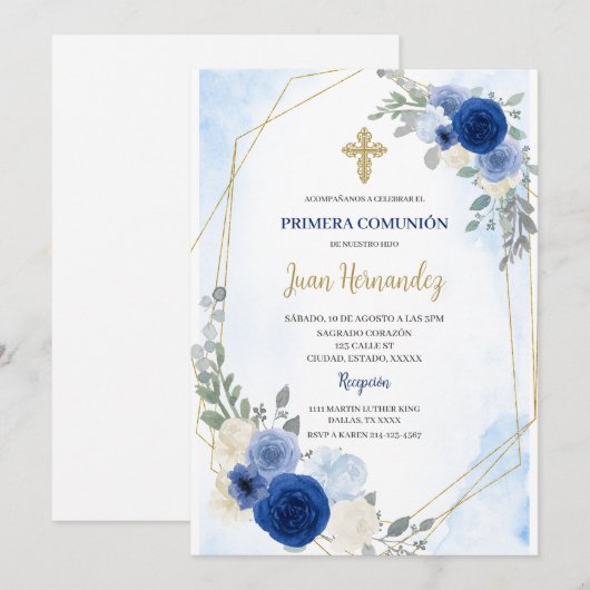 Dusty Blue Floral eerste communie uitnodiging (Voorkant / Achterkant)