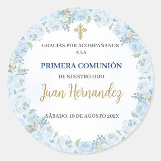 Dusty Blue Floral eerste communie uitnodiging Ronde Sticker