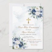Dusty Blue Floral Eerste Heilige Communie Kaart (Voorkant)