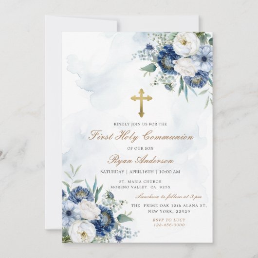 Dusty Blue Floral Eerste Heilige Communie Kaart (Voorkant)