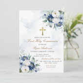 Dusty Blue Floral Eerste Heilige Communie Kaart (Staand voorkant)
