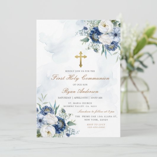 Dusty Blue Floral Eerste Heilige Communie Kaart (Staand voorkant)