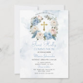 Dusty Blue Floral Eerste Heilige Communie Kaart (Voorkant)