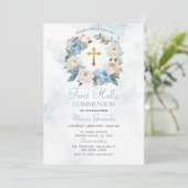 Dusty Blue Floral Eerste Heilige Communie Kaart (Staand voorkant)