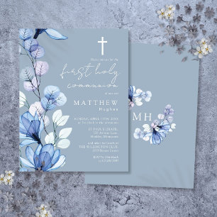 Dusty Blue Floral Eerste Heilige Communie Uitnodig Briefkaart