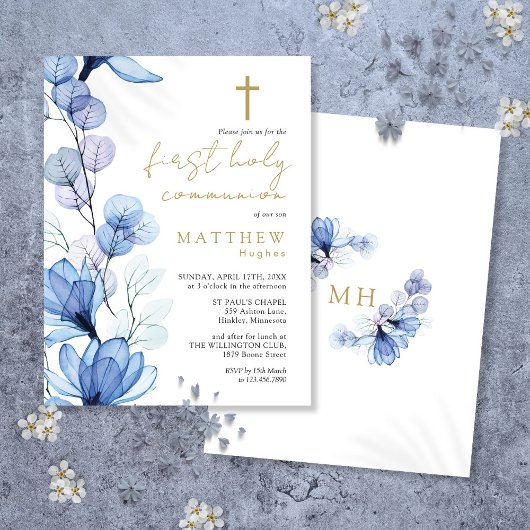 Dusty Blue Floral Eerste Heilige Communie Uitnodig Briefkaart