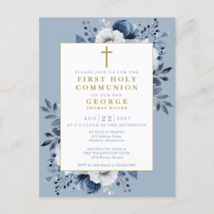 Dusty Blue Floral Eerste Heilige Communie Uitnodig Briefkaart