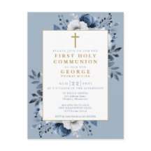 Dusty Blue Floral Eerste Heilige Communie Uitnodig