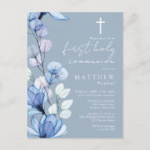 Dusty Blue Floral Eerste Heilige Communie Uitnodig Briefkaart (Voorkant)