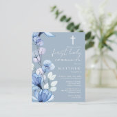 Dusty Blue Floral Eerste Heilige Communie Uitnodig Briefkaart (Staand voorkant)