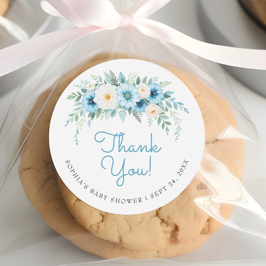 Dusty Blue Floral Elegant Baby shower Bedankt Ronde Sticker