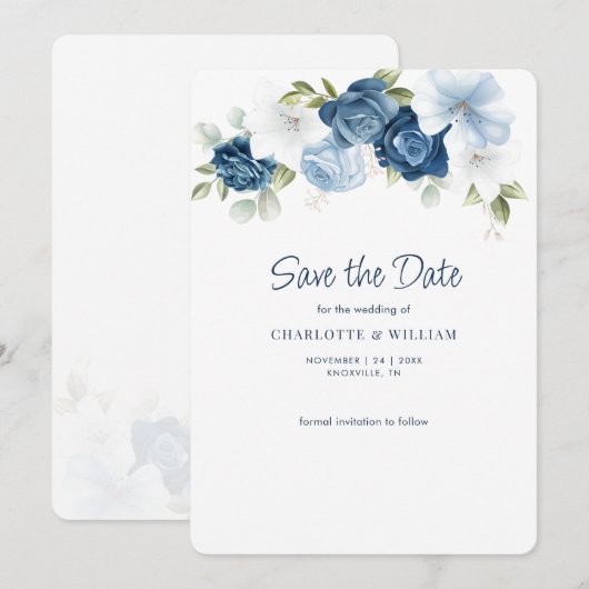 Dusty Blue Floral Elegant Bloom Wedding Save The Date (Voorkant / Achterkant)