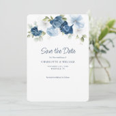 Dusty Blue Floral Elegant Bloom Wedding Save The Date (Staand voorkant)