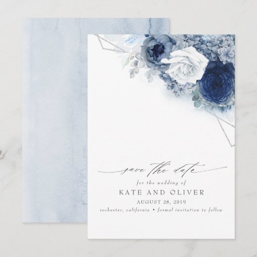 Dusty Blue Floral Elegant Botanical Save the Date Aankondiging (Voorkant / Achterkant)