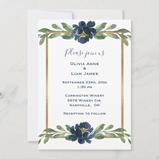 Dusty Blue Floral Elegant Floral Gold Wedding Kaart (Voorkant)