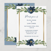 Dusty Blue Floral Elegant Floral Gold Wedding Kaart (Voorkant / Achterkant)