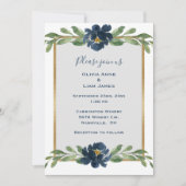 Dusty Blue Floral Elegant Floral Gold Wedding Kaart (Voorkant)