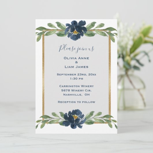 Dusty Blue Floral Elegant Floral Gold Wedding Kaart (Staand voorkant)