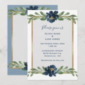 Dusty Blue Floral Elegant Floral Gold Wedding Kaart (Voorkant / Achterkant)