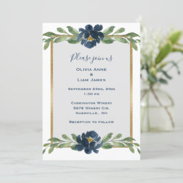 Dusty Blue Floral Elegant Floral Gold Wedding Kaart